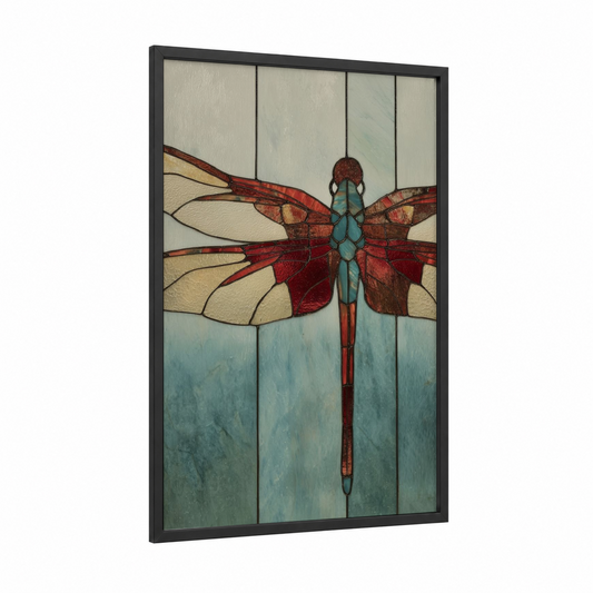 Russet Dragonfly framed art print — black wood frame — russet and teal palette