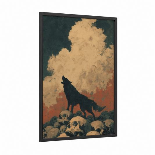 Howling Cerberus framed art print — black wood frame — black and gold palette