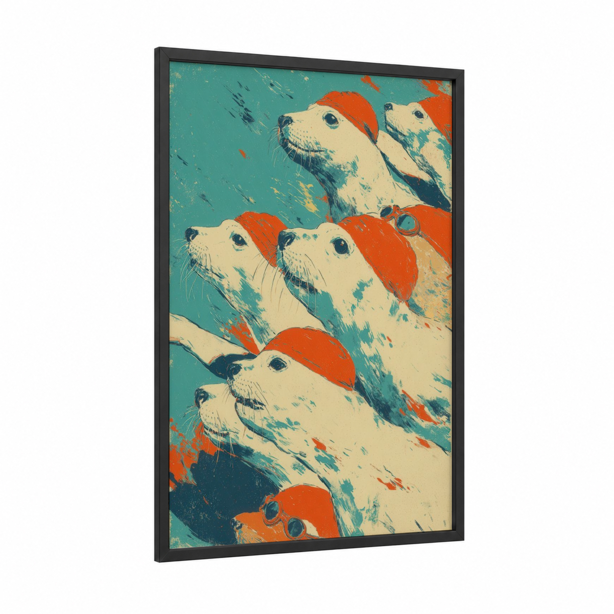 Red-Capped Seals framed art print — black wood frame — teal and orange palette