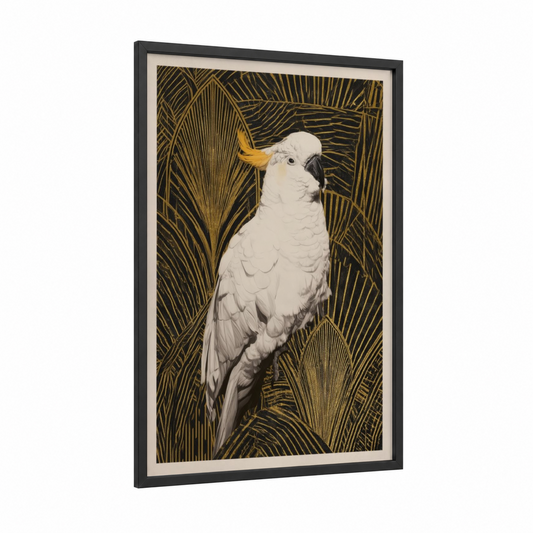 Sulphur Crested Parrot framed safari parrots print — black wood frame — gold and cream palette