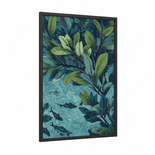 Coastal Mangrove framed art print — black wood frame — teal and light green palette