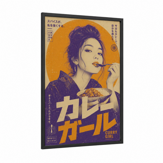 Vintage Japanese Curry Girl Wall Art framed vintage japanese ads print — black wood frame — orange and purple palette
