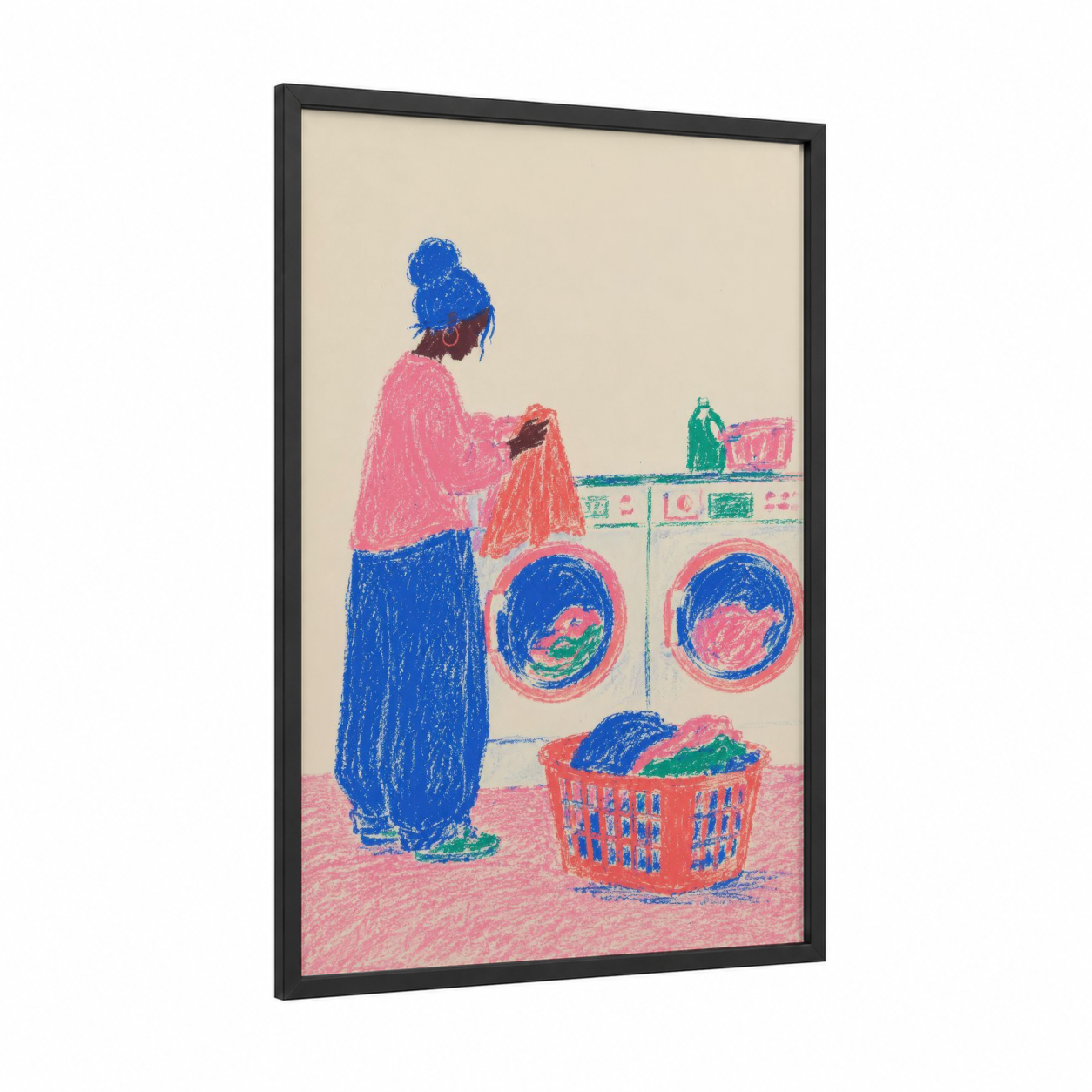 Woman Folding Laundry Illustration Wall Art framed womens fashion print — black wood frame — blue and pink palette