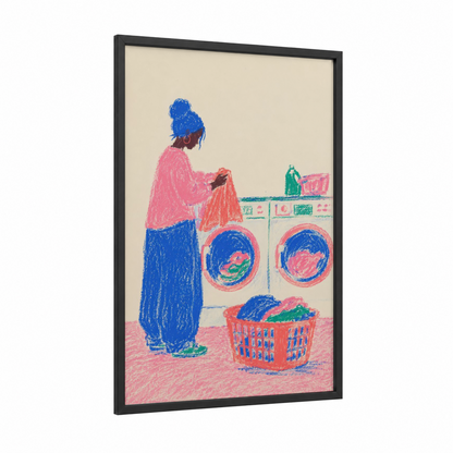 Woman Folding Laundry Illustration Wall Art framed womens fashion print — black wood frame — blue and pink palette