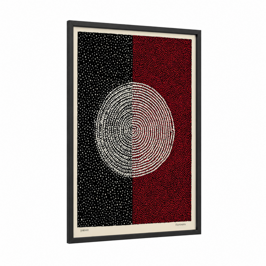 Concentric Contrast framed abstract classic print — black wood frame — black and red and white palette