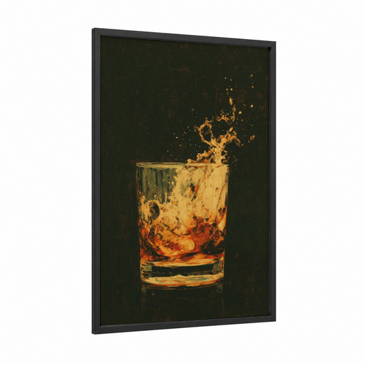 Golden Splash Whiskey framed art print — black wood frame — gold and black palette