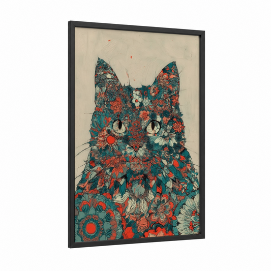 Floral Cat Portrait framed art print — black wood frame — red and teal palette
