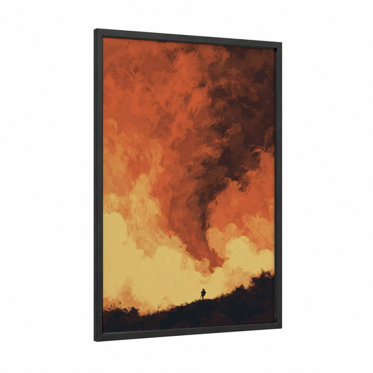 Fiery Tornado Silhouette framed art print — black wood frame — orange and yellow gold palette