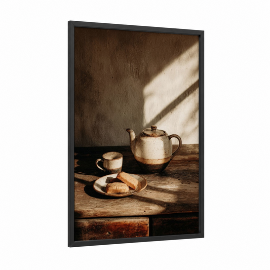 Afternoon Tea Light framed art print — black wood frame — brown and cream palette
