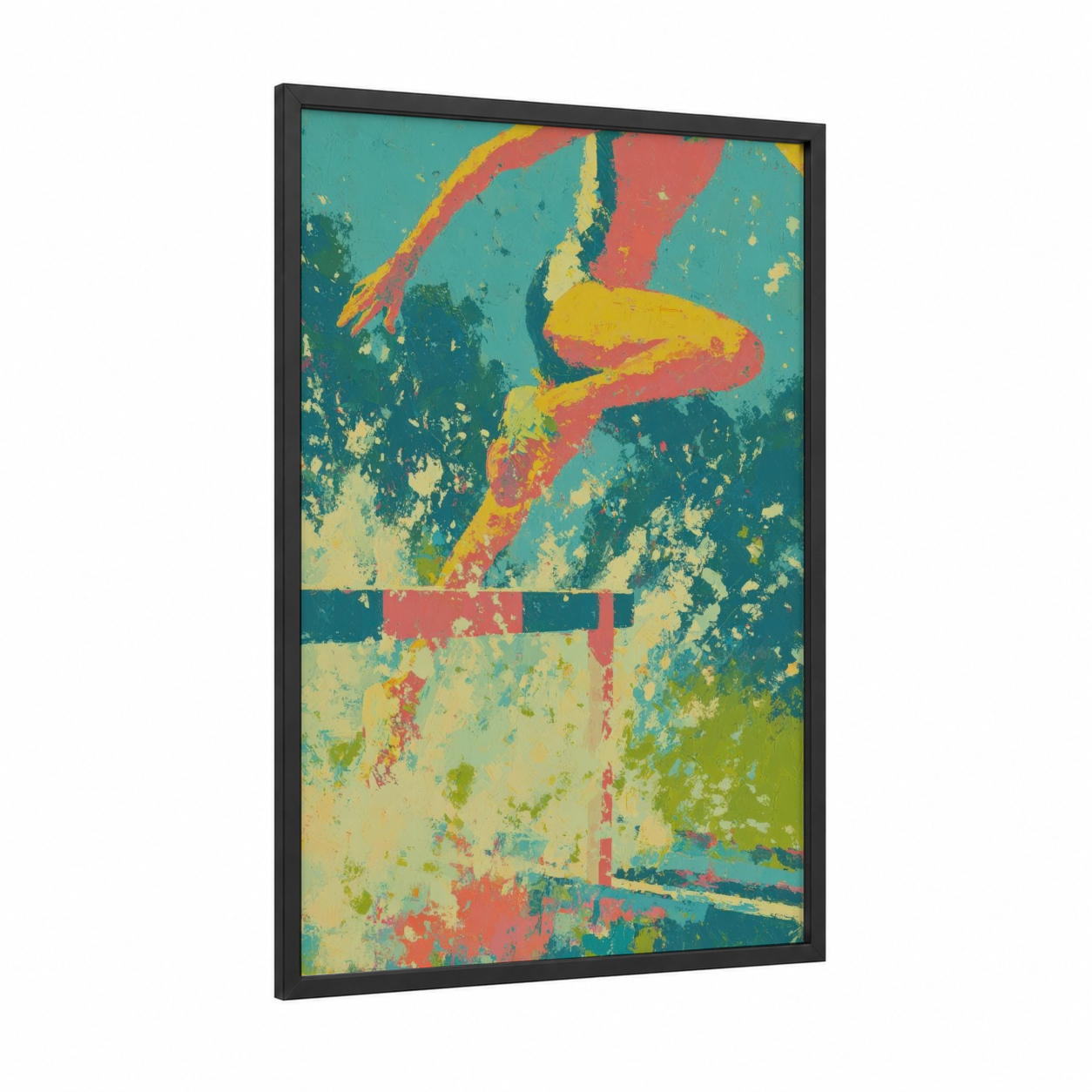 Vintage Track Sprint framed track and field print — black wood frame — gold and teal palette