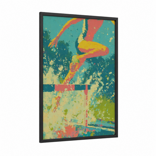 Vintage Track Sprint framed track and field print — black wood frame — gold and teal palette