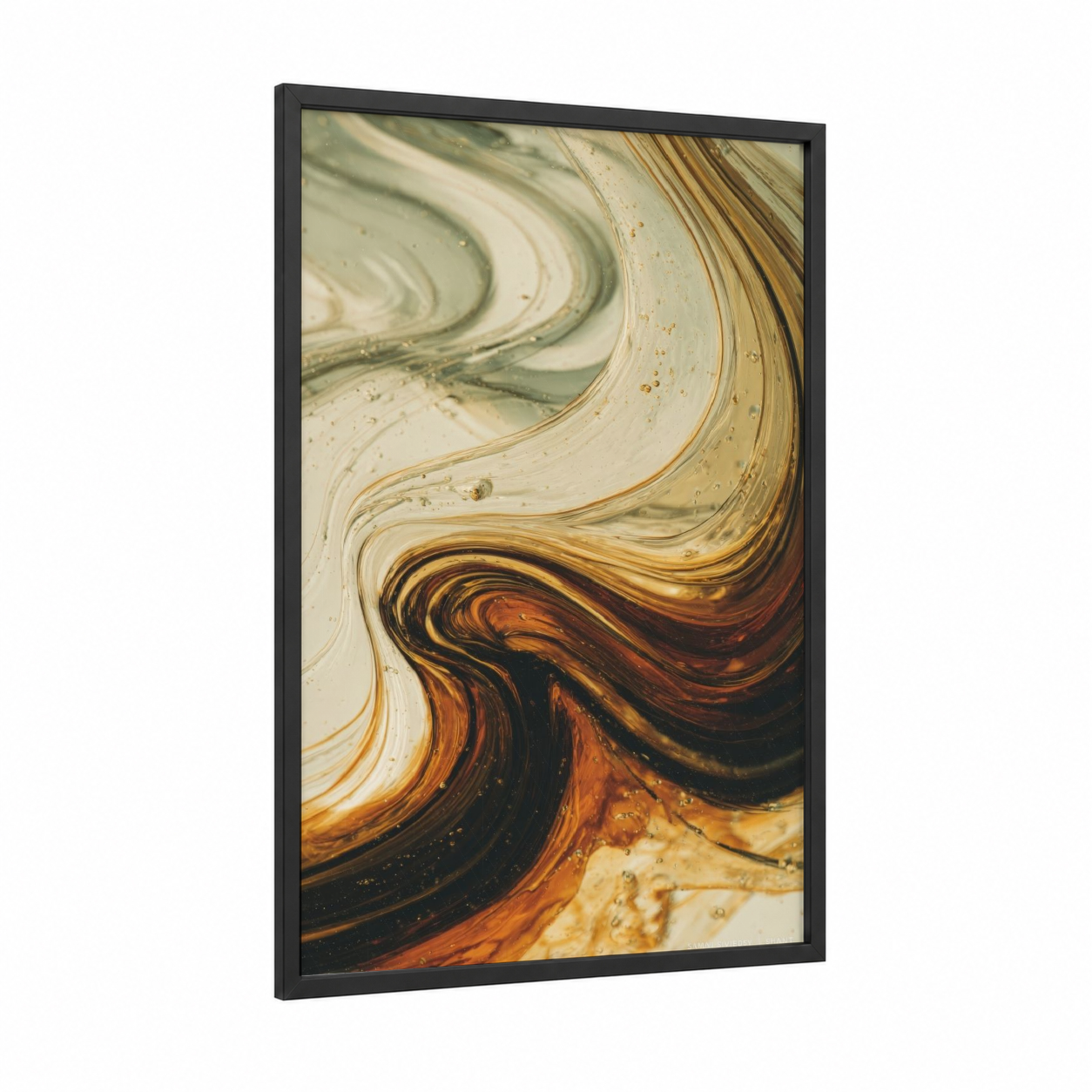 Amber Whiskey Swirl framed art print — black wood frame — gold and brown palette