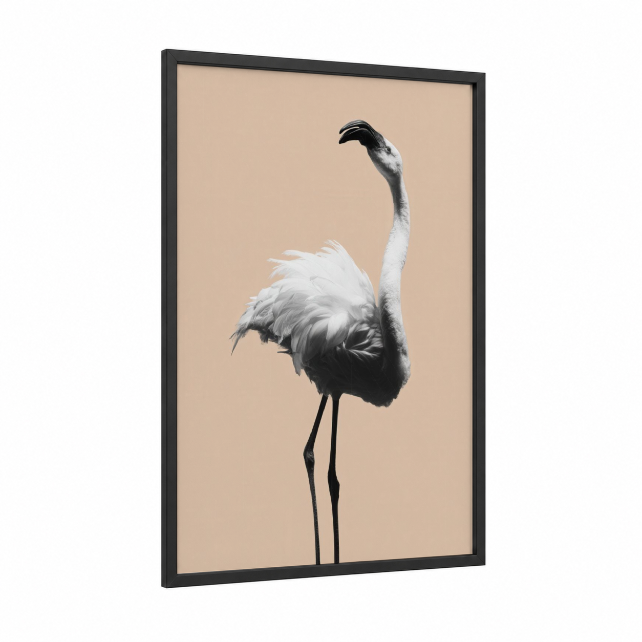 Elegant Flamingo Portrait framed art print — black wood frame — black and white and beige palette