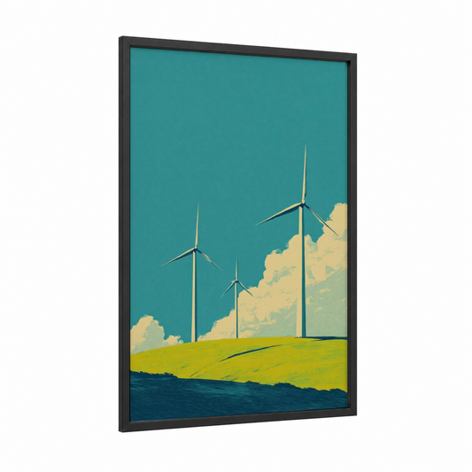 Hillside Wind Farm framed wind turbine print — black wood frame — turquoise and green palette