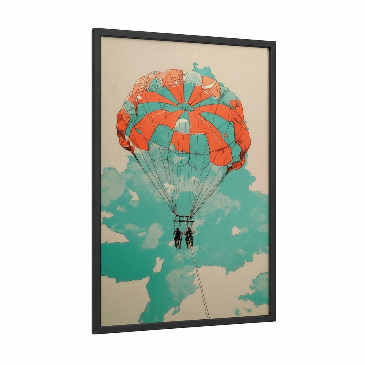 Vintage Parasailing framed art print — black wood frame — orange and teal palette