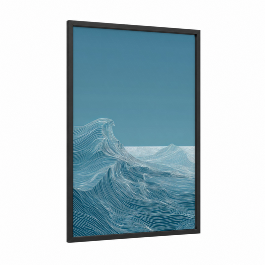 Minimalist Wave framed seascapes and ocean print — black wood frame — blue and teal palette
