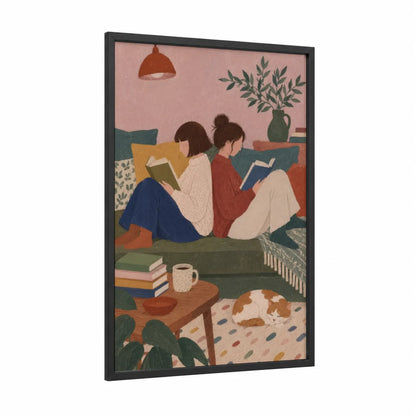 Cozy Reading Couple With Cat Wall Art framed art print — black wood frame — peach and cream palette