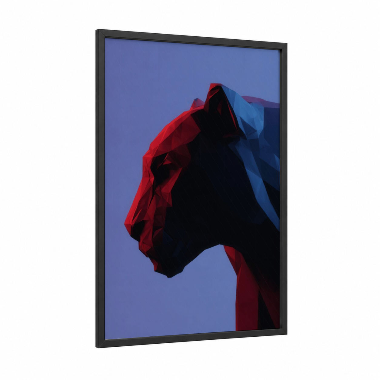 Red Panther framed art print — black wood frame — red and blue palette