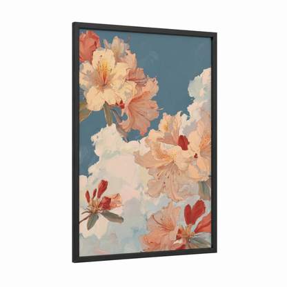 Celestial Rhododendrons framed art print — black wood frame — peach and dove gray palette