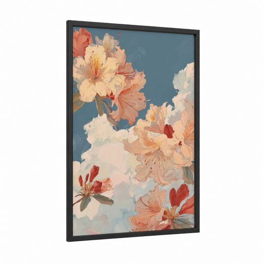 Celestial Rhododendrons framed art print — black wood frame — peach and dove gray palette