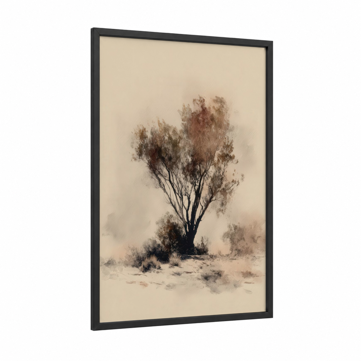 Solitary Desert Tree framed savanna and desert trees print — black wood frame — beige and brown palette