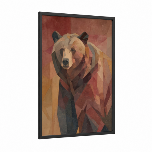 Geometric Grizzly framed grizzly bear print — black wood frame — russet and gold palette