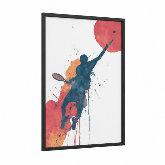 Victory Serve framed tennis print — black wood frame — salmon pink and dark blue palette