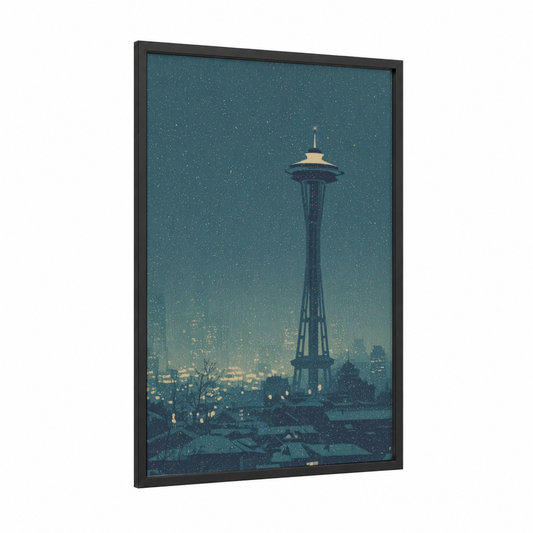 Starry Seattle Night framed space needle (seattle) print — black wood frame — teal and gold palette