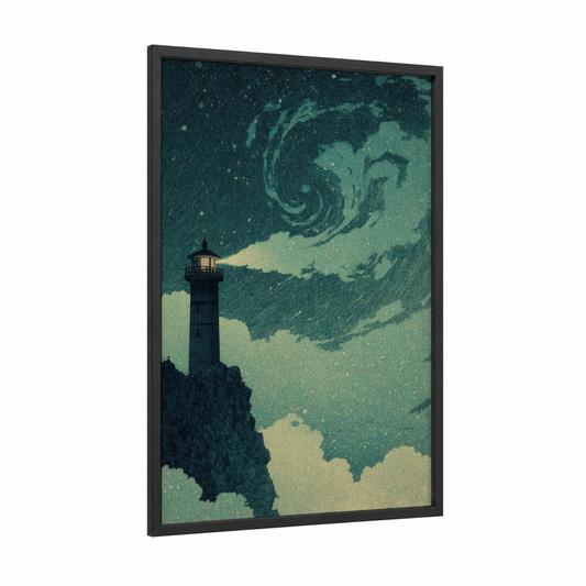 Lighthouse Reverie framed fairytale print — black wood frame — teal and cream palette