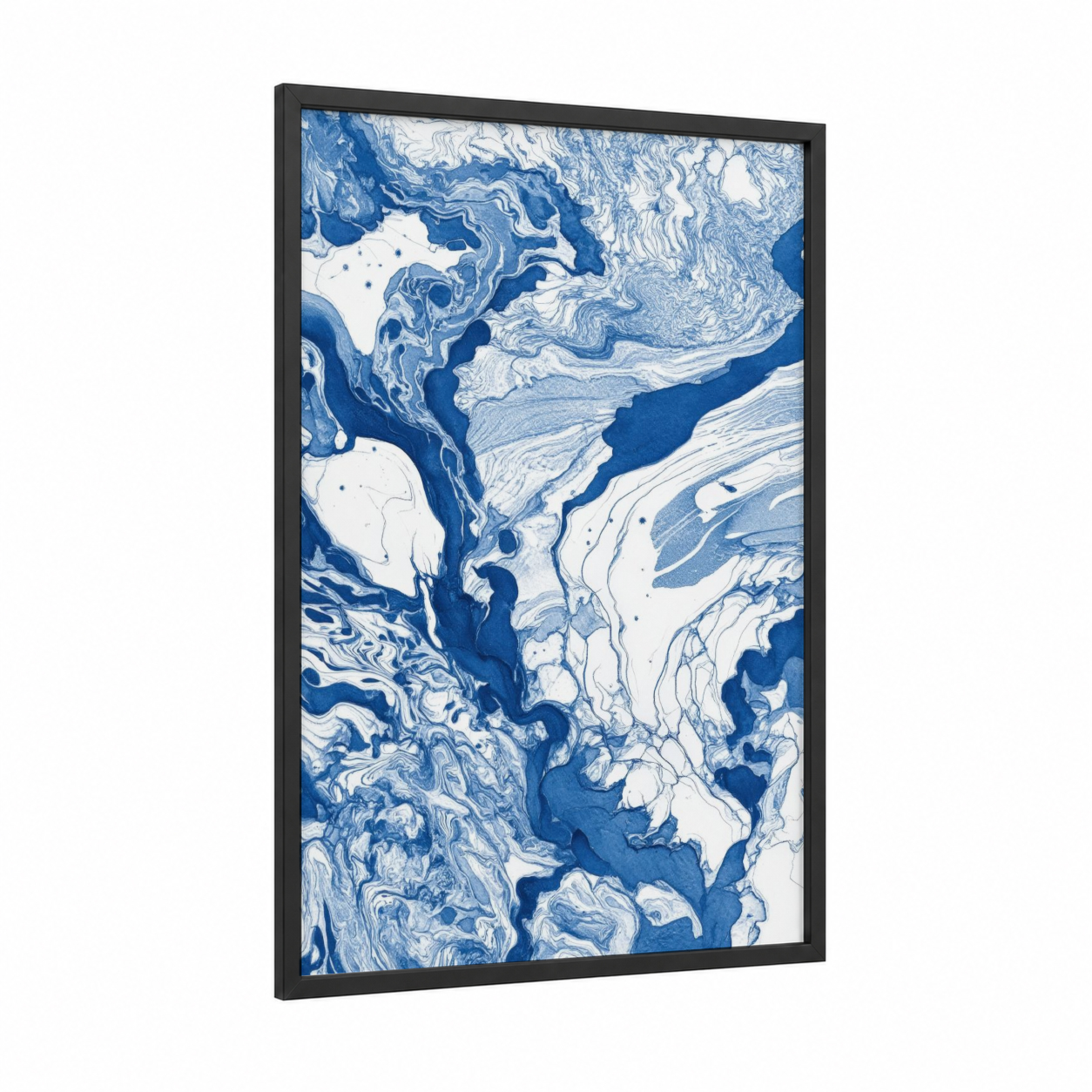 Marble Swirl Abstract framed abstract classic print — black wood frame — blue and white palette