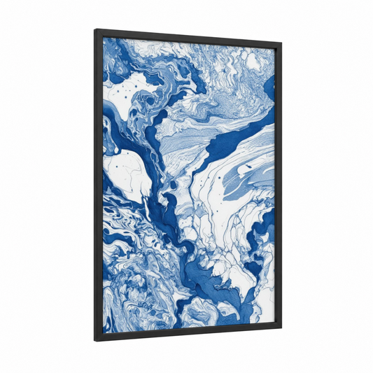 Marble Swirl Abstract framed abstract classic print — black wood frame — blue and white palette
