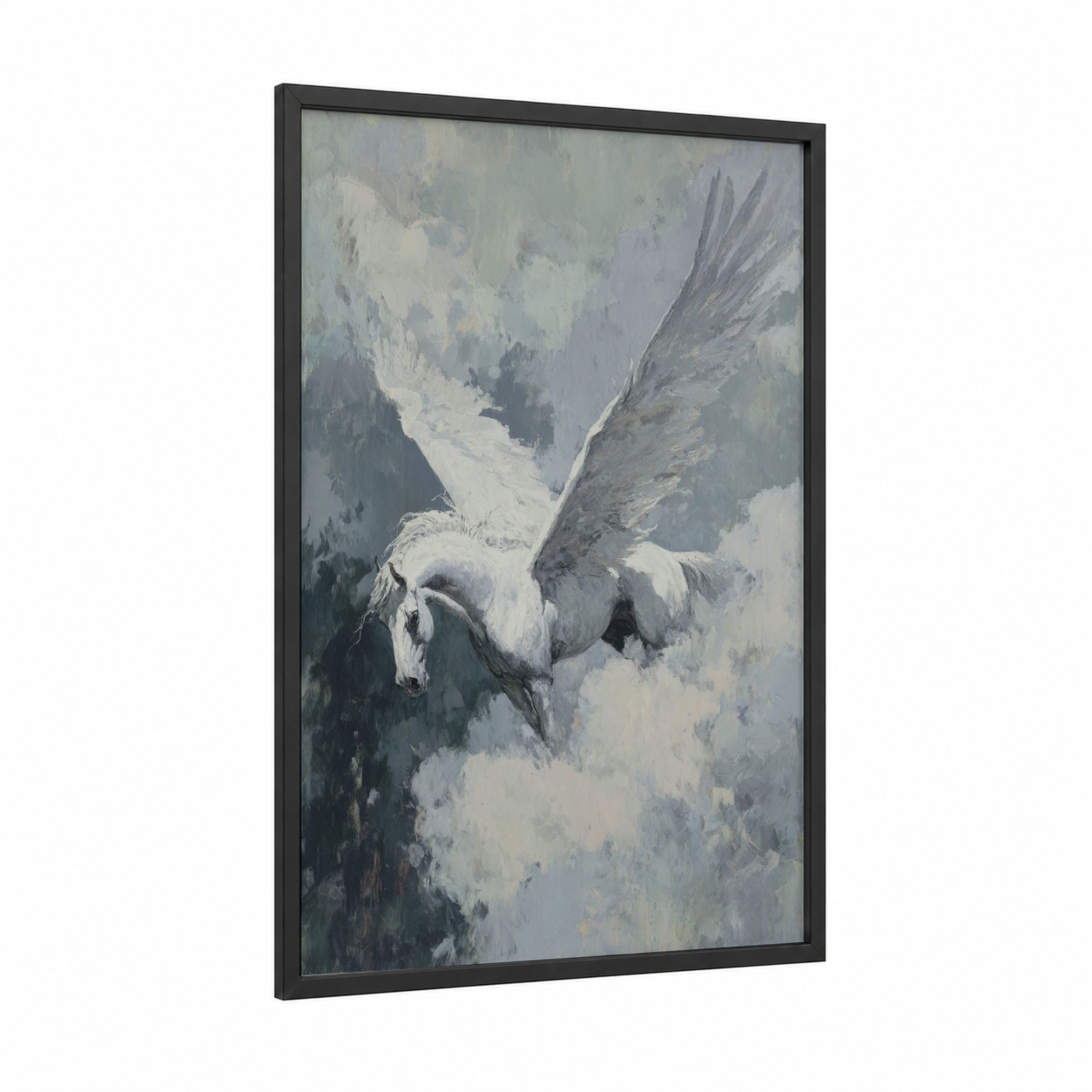 Celestial Pegasus framed art print — black wood frame — white and gray palette