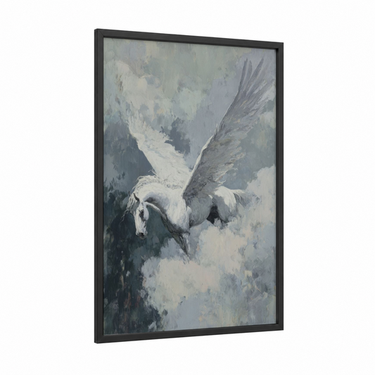 Celestial Pegasus framed art print — black wood frame — white and gray palette