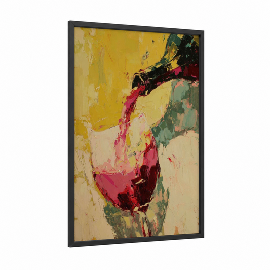 Crimson Pour framed red wine print — black wood frame — yellow gold and magenta palette
