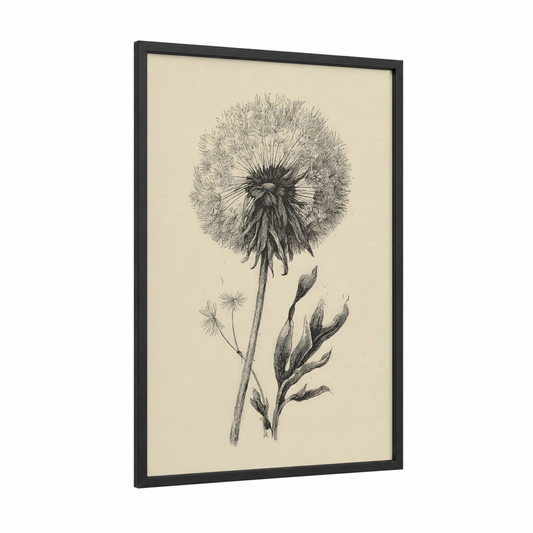 Botanical Dandelion framed art print — black wood frame — black and cream palette