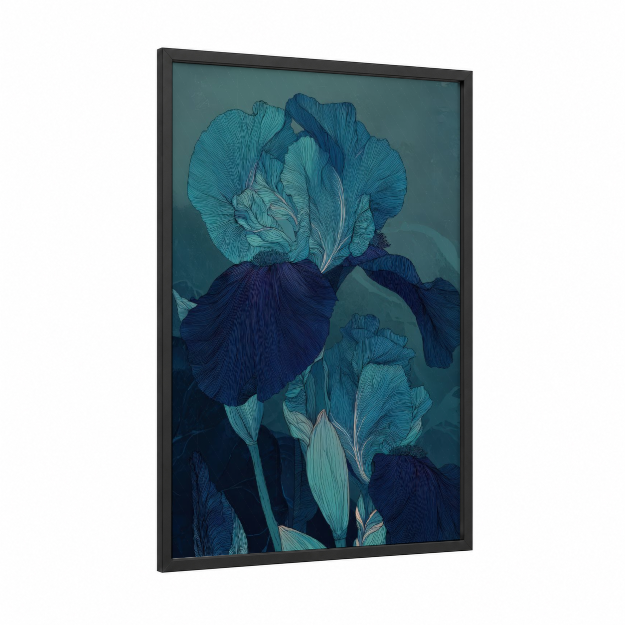 Midnight Iris framed art print — black wood frame — teal and dark blue palette