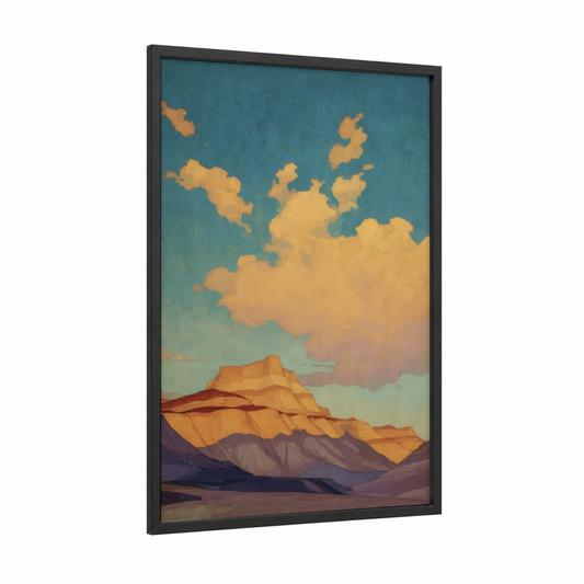 Golden Dune Landscape framed art print — black wood frame — gold and teal palette