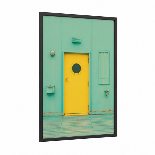 Sunny Yellow Door framed art print — black wood frame — light green and yellow gold palette