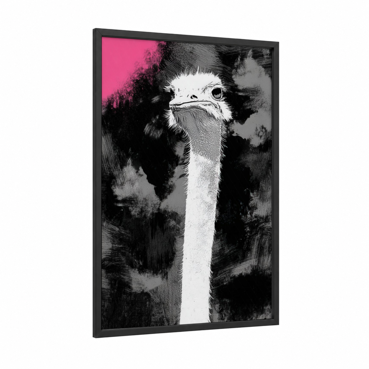 Pink Ostrich framed art print — black wood frame — magenta and black and white palette
