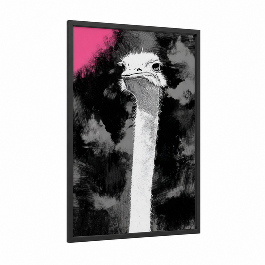 Pink Ostrich framed art print — black wood frame — magenta and black and white palette