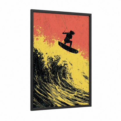 Aerial Wakeboarder framed wakeboarding print — black wood frame — red and yellow palette