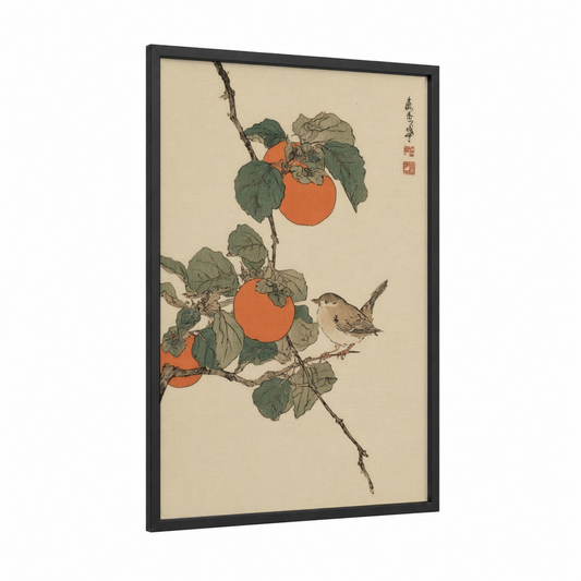 Medlar Songbird framed fruit print — black wood frame — orange and sage green palette