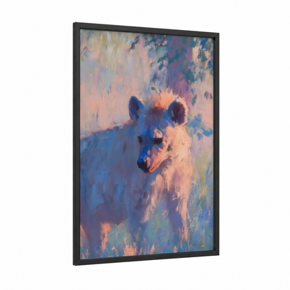 Twilight Hyena framed art print — black wood frame — blue and peach palette