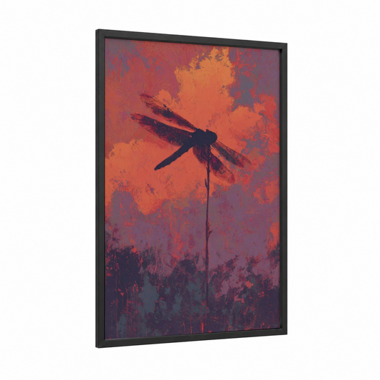 Crimson Dragonfly framed art print — black wood frame — red and orange palette