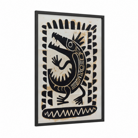 Mythical Dragon Guardian framed abstract traditional print — black wood frame — black and cream palette