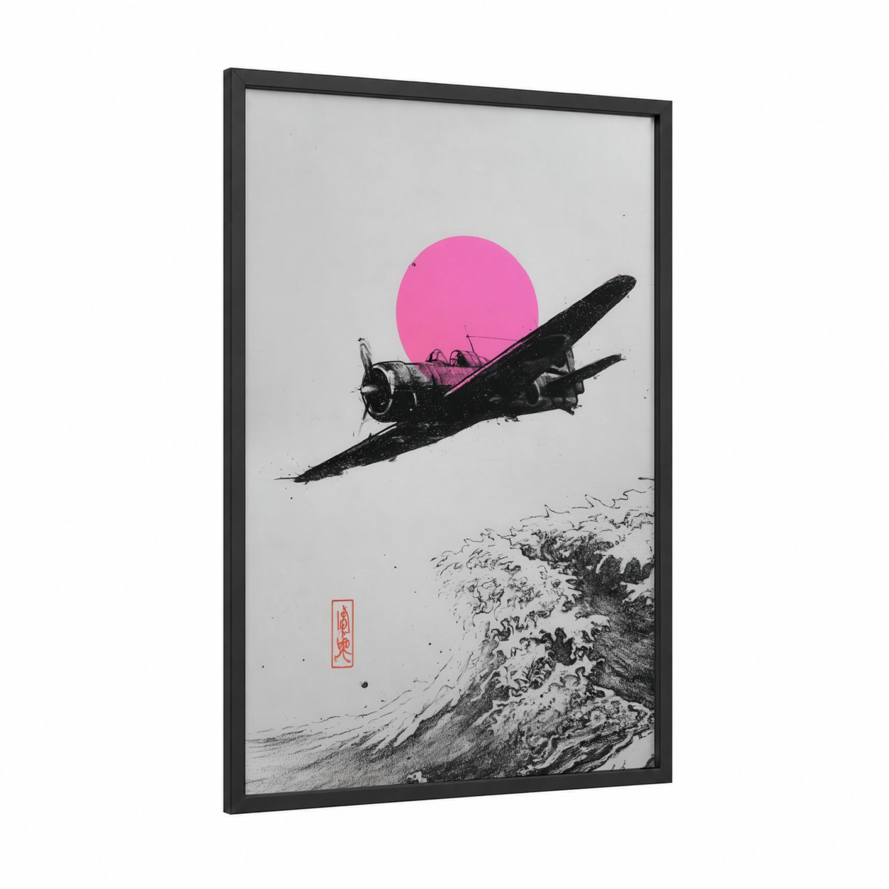 Crimson Sky Bomber framed vintage airplane print — black wood frame — magenta and black and white palette