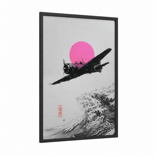 Crimson Sky Bomber framed vintage airplane print — black wood frame — magenta and black and white palette