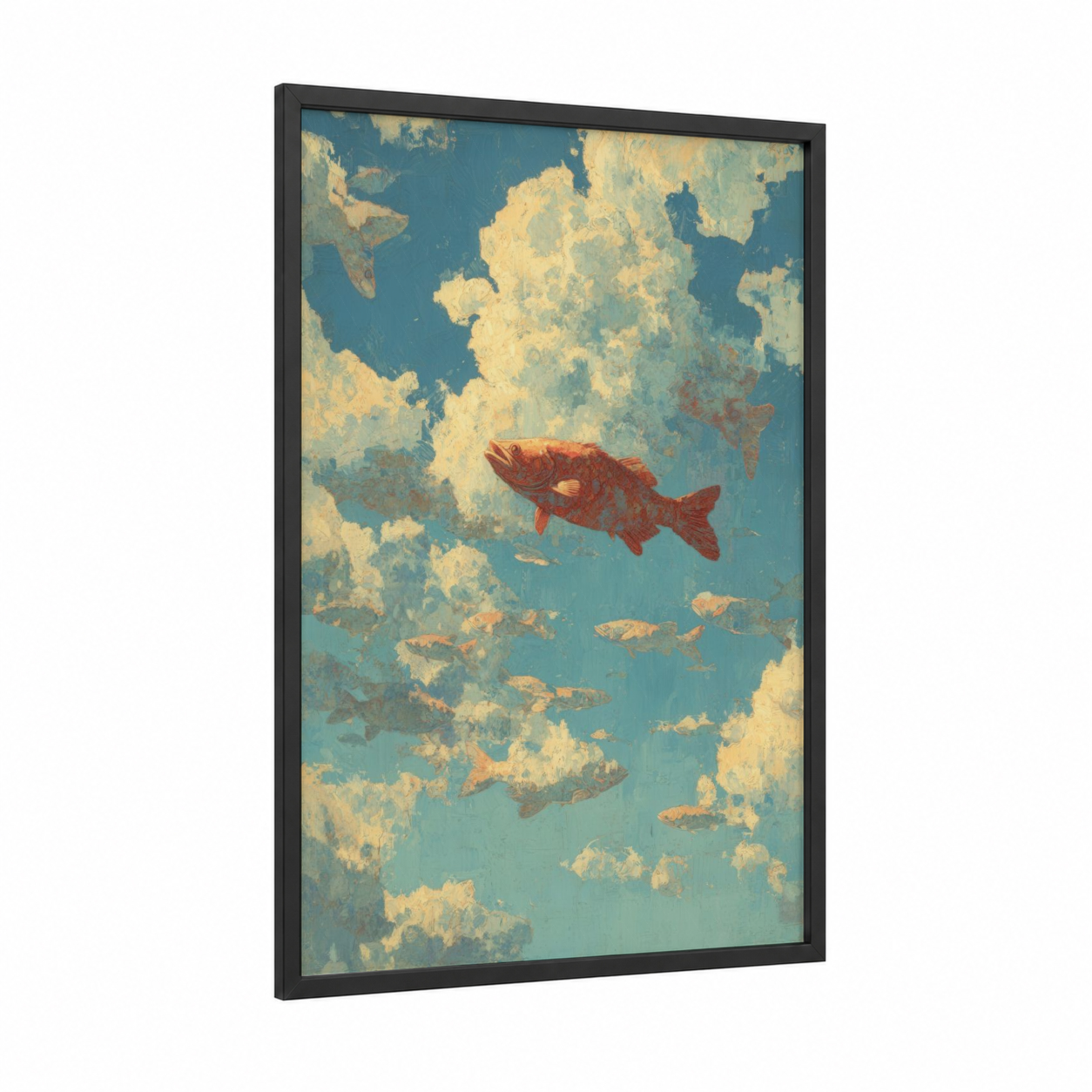 Crimson Wahoo Sky framed art print — black wood frame — teal and gold palette