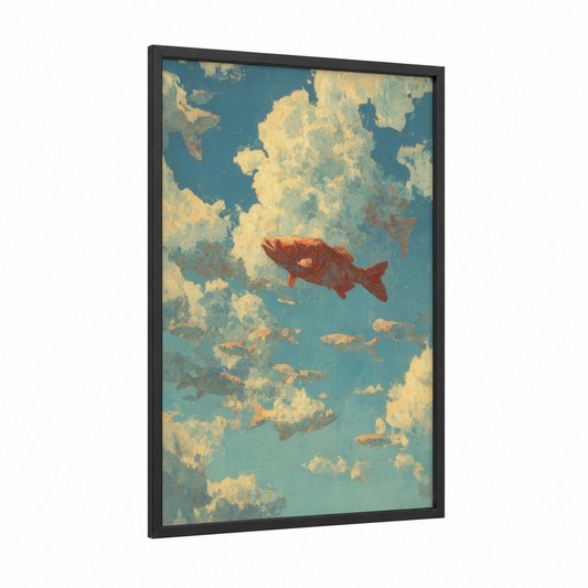 Crimson Wahoo Sky framed art print — black wood frame — teal and gold palette