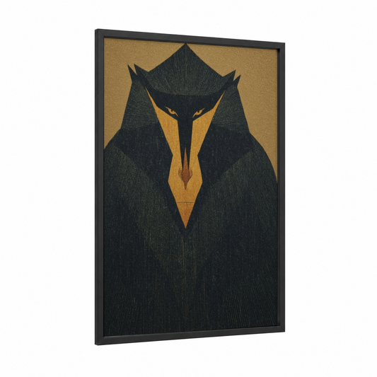 Golden Primate framed monkey print — black wood frame — gold and black palette